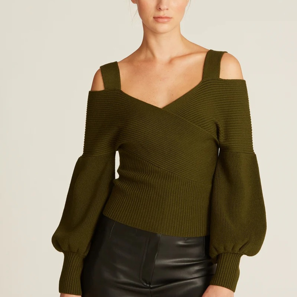 Amur merino wool olive green Violetta cold shoulder sweater - Picture 2 of 13